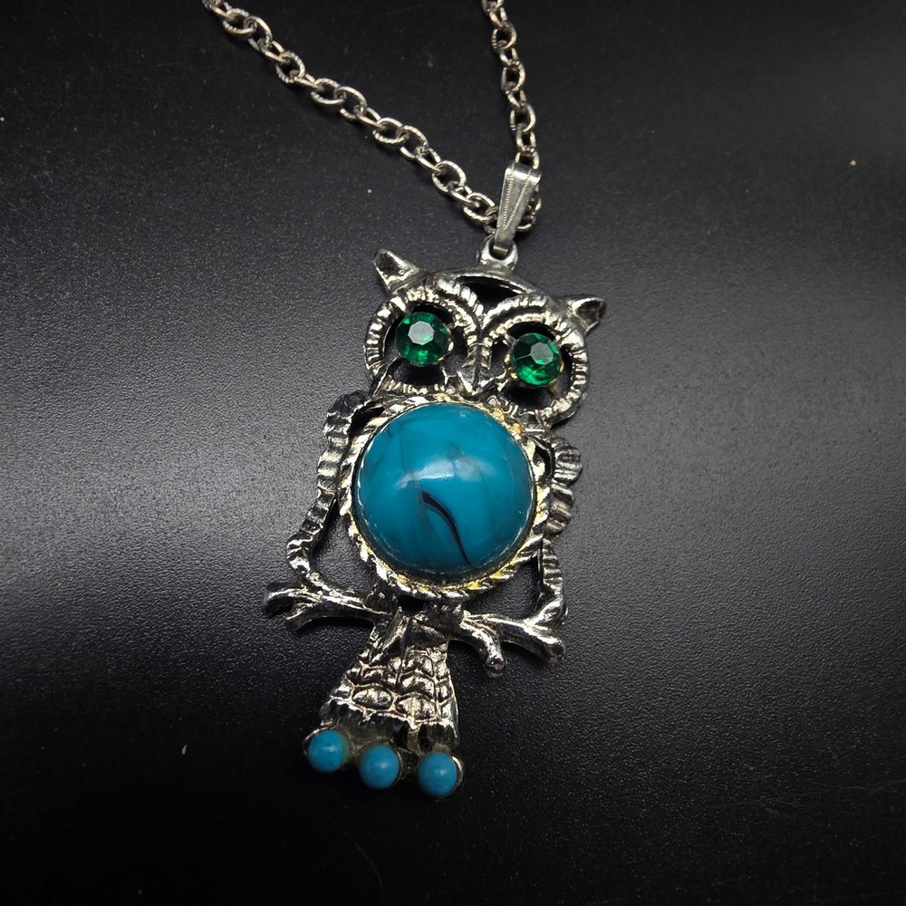 Faux Turquoise Owl Necklace Green Rhinestone Eyes Vintage Costume Jewelry 1970s